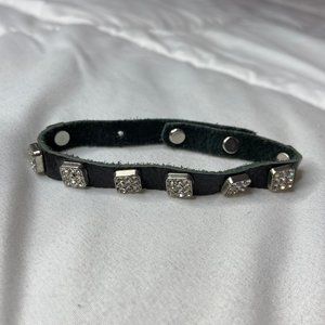 Silver Jeweled, Black Leather Adjustable Bracelet